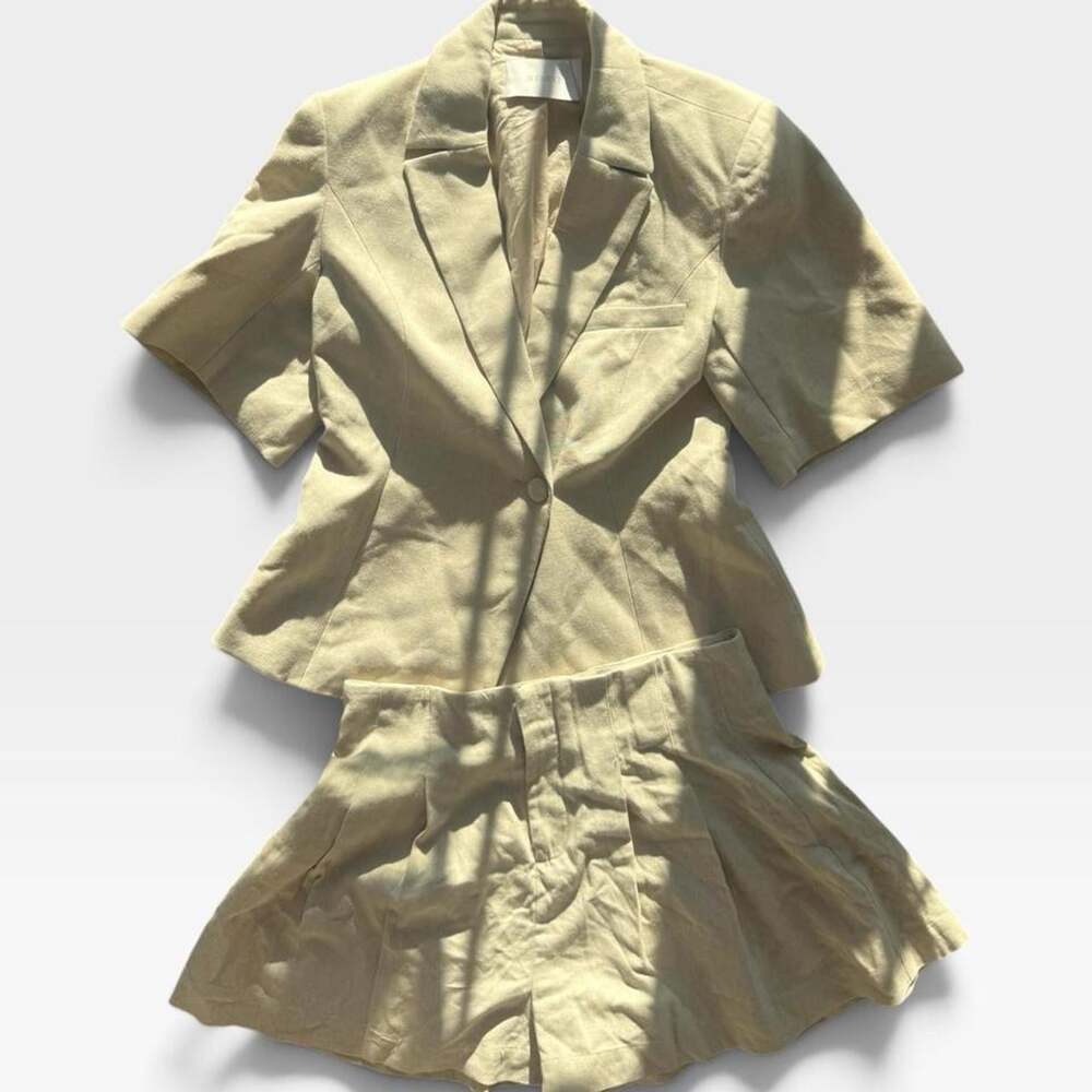 MESHKI Martine Linen Blazer Top & Pleated Short Set Natural Beige | Womens Size